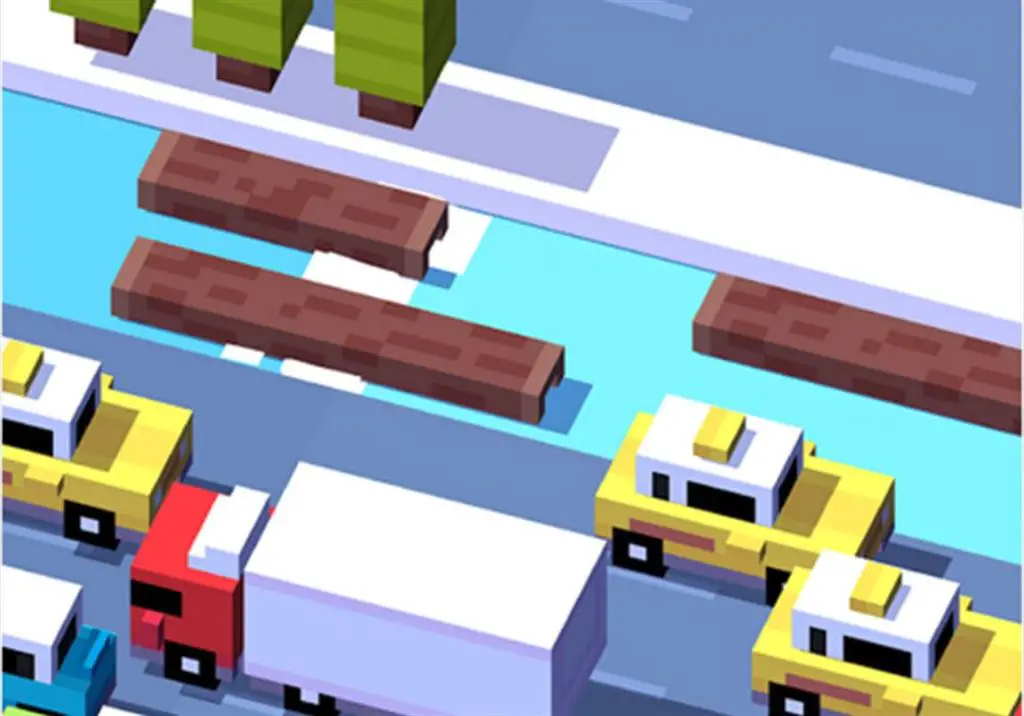 a screenshot of crossy road showing the colorful pixel art characters and environment.