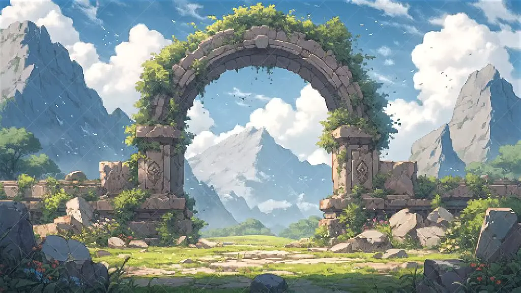 a sweeping vista of mountains and ruins created with pixel art