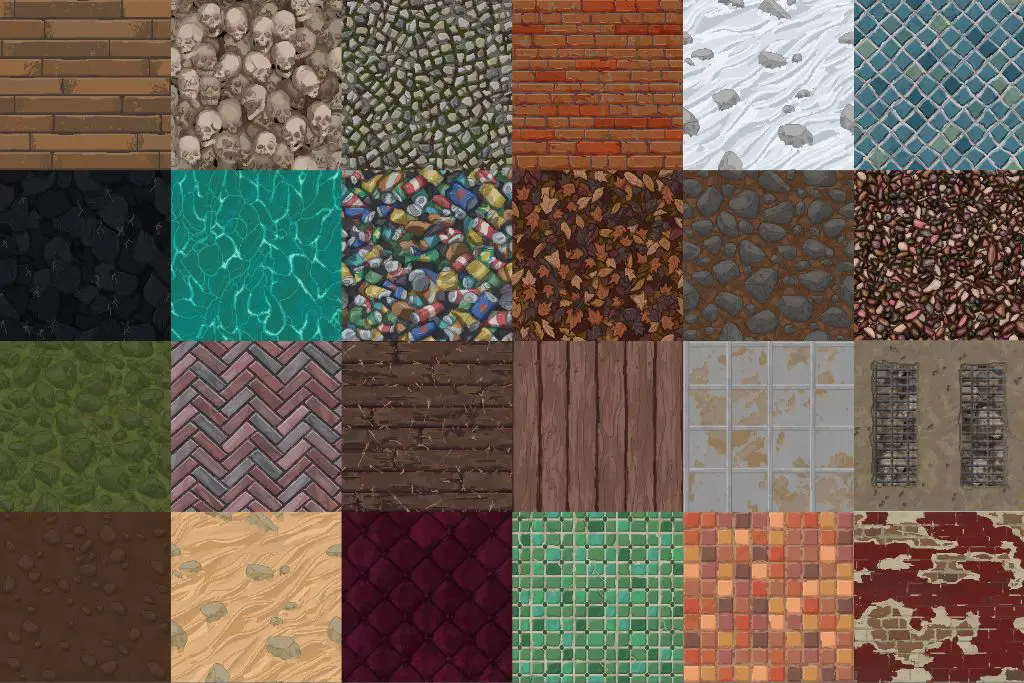example pixel art texture packs with textures like brick, wood, metal, stone, fabric, terrain, etc