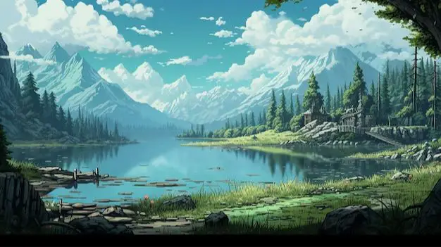 examples of pixel art nature scenes with trees, mountains, and water for relaxation.