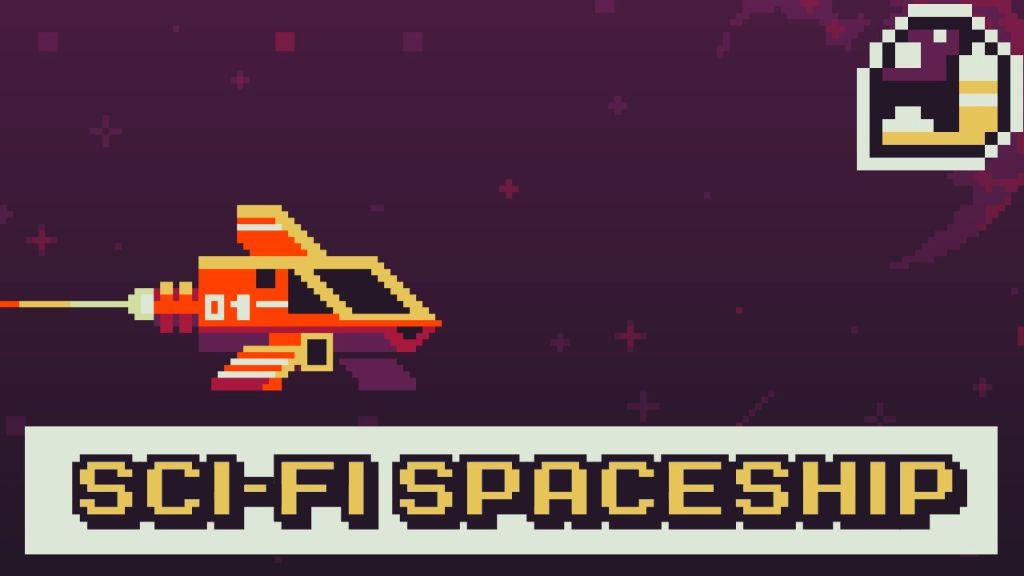 pixel art scene with sci-fi buildings, spaceships, and foreground characters