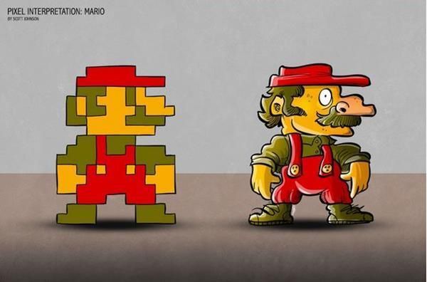 pixelated characters from classic 8-bit games like super mario bros and pac-man