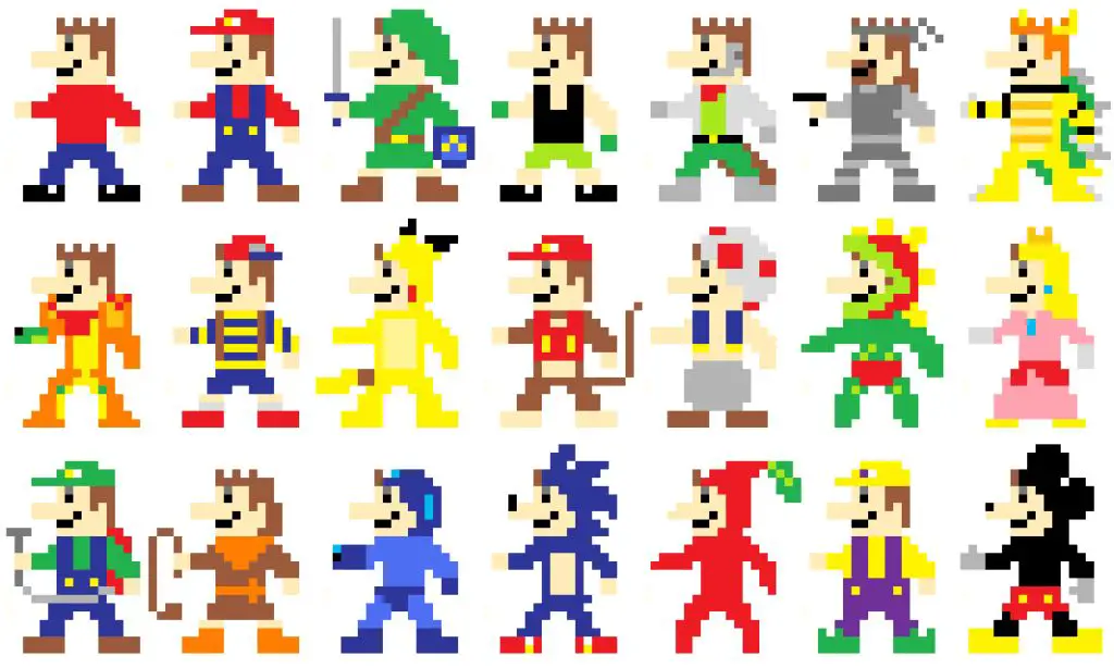 pixelated sprites of classic video game characters like mario, sonic, and pikachu